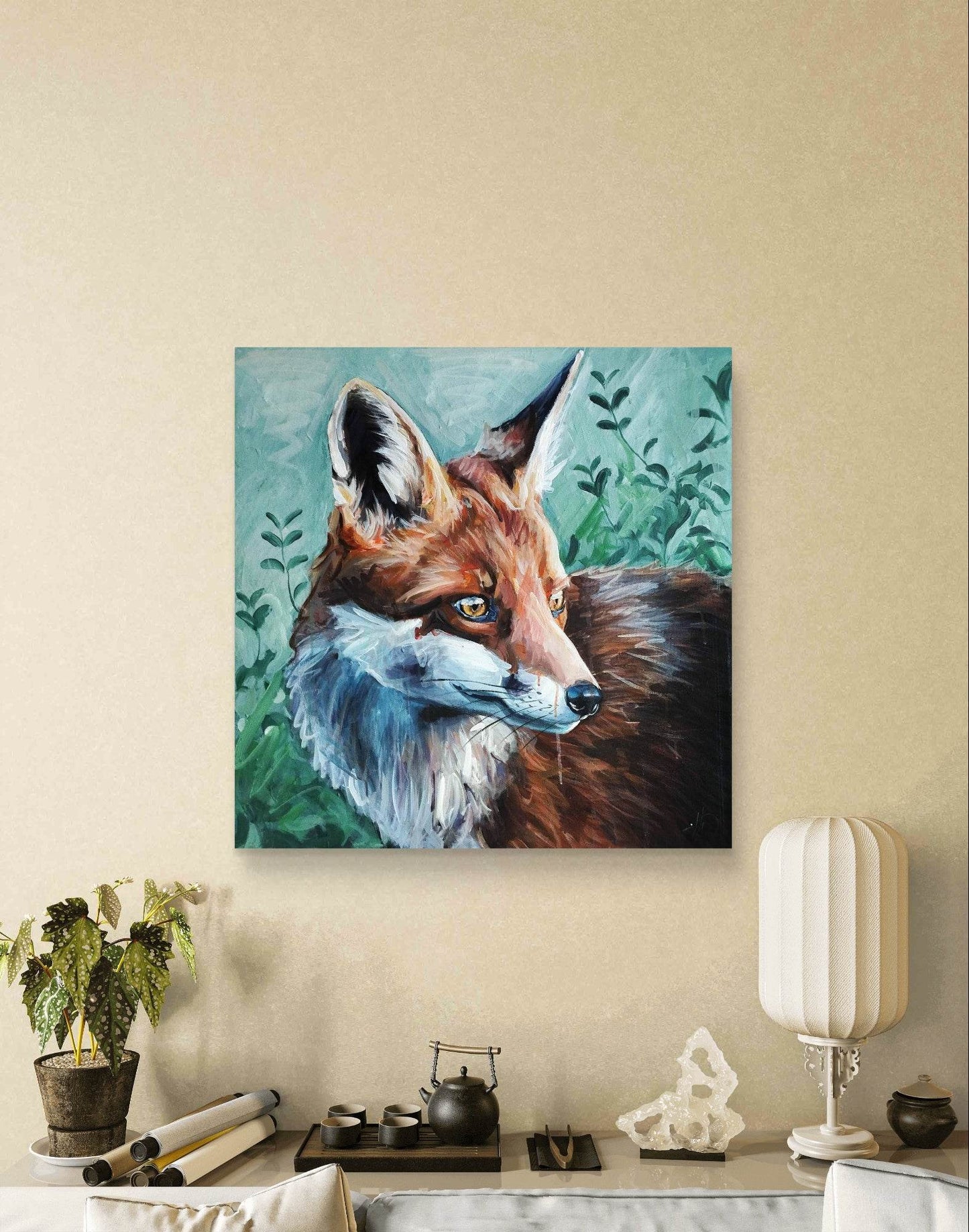 H1Z ART Acrylbild Gemälde Fuchs am Bach – handgemaltes Original Acrylbild (70 x 70 cm)