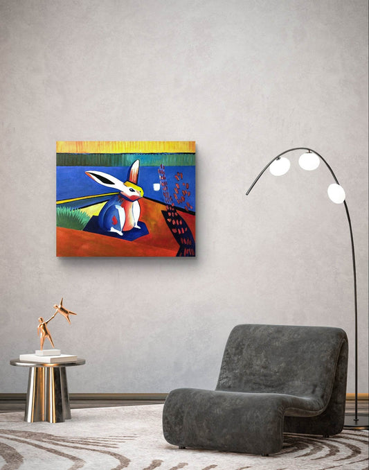 Expressiv-realistisches Gemälde abstrakt Kaninchen – handgemaltes Original Acrylbild (50 x 60 cm) auf Leinwand von H1Z ART in lebendiger Atmosphäre