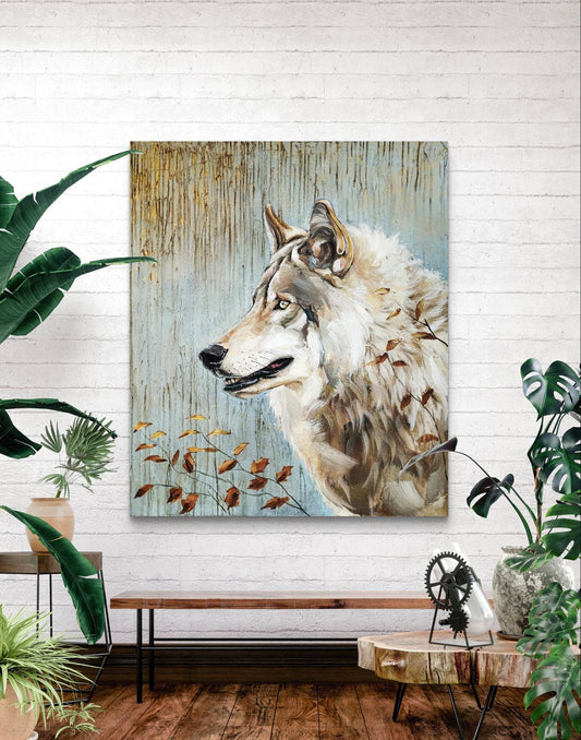 Expressiv-realistisches Gemälde goldener Wolf – handgemaltes Original Acrylbild (112 x 95 cm) auf Leinwand von H1Z ART in lebendiger Atmosphäre