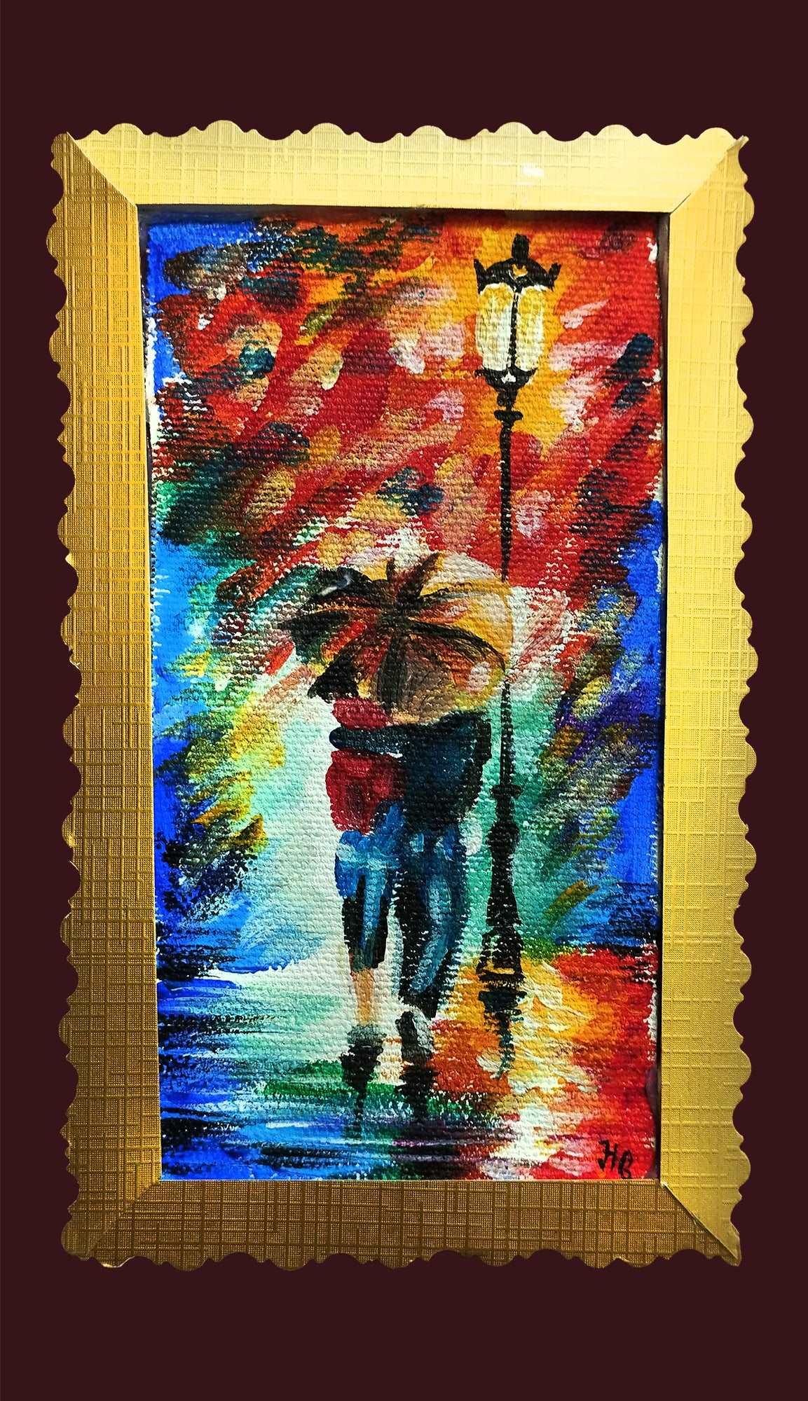 H1Z ART Acrylbild Grußkarte "Regentag im Park" – Handgemalt