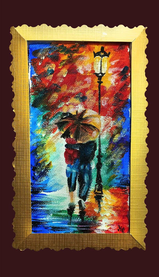 Expressiv-realistisches Grußkarte "Regentag im Park" – Handgemalt auf Leinwand von H1Z ART in lebendiger Atmosphäre