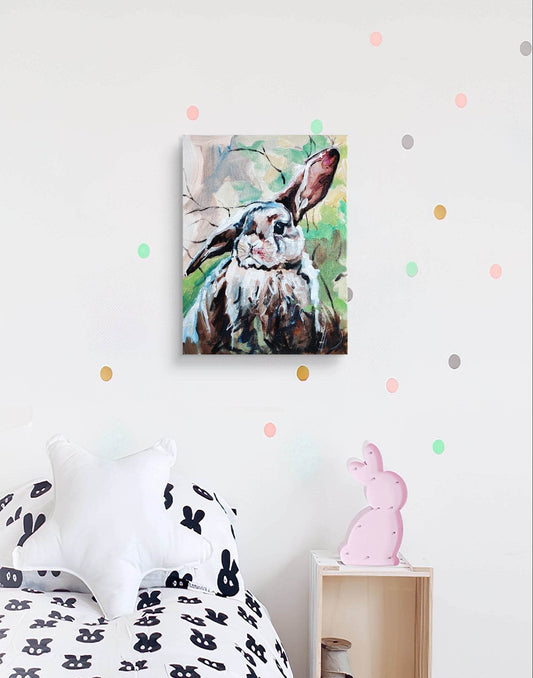 Expressiv-realistisches Gemälde Neugieriges Kaninchen – handgemaltes Original Acrylbild (30 x 40 cm) auf Leinwand von H1Z ART in lebendiger Atmosphäre