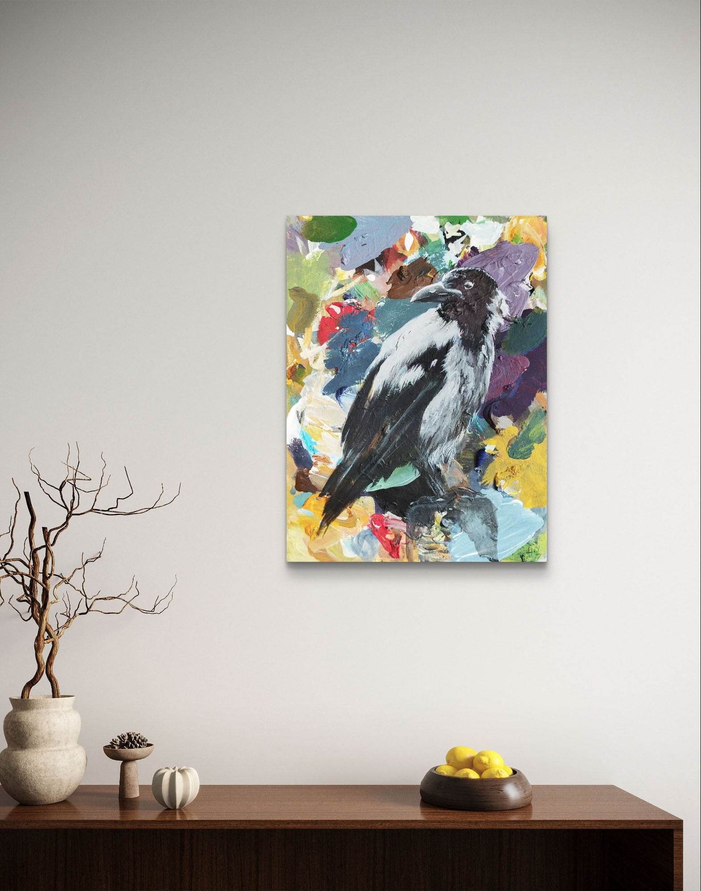 Gemälde weißer Rabe – handgemaltes Original Acrylbild (30 x 40 cm)