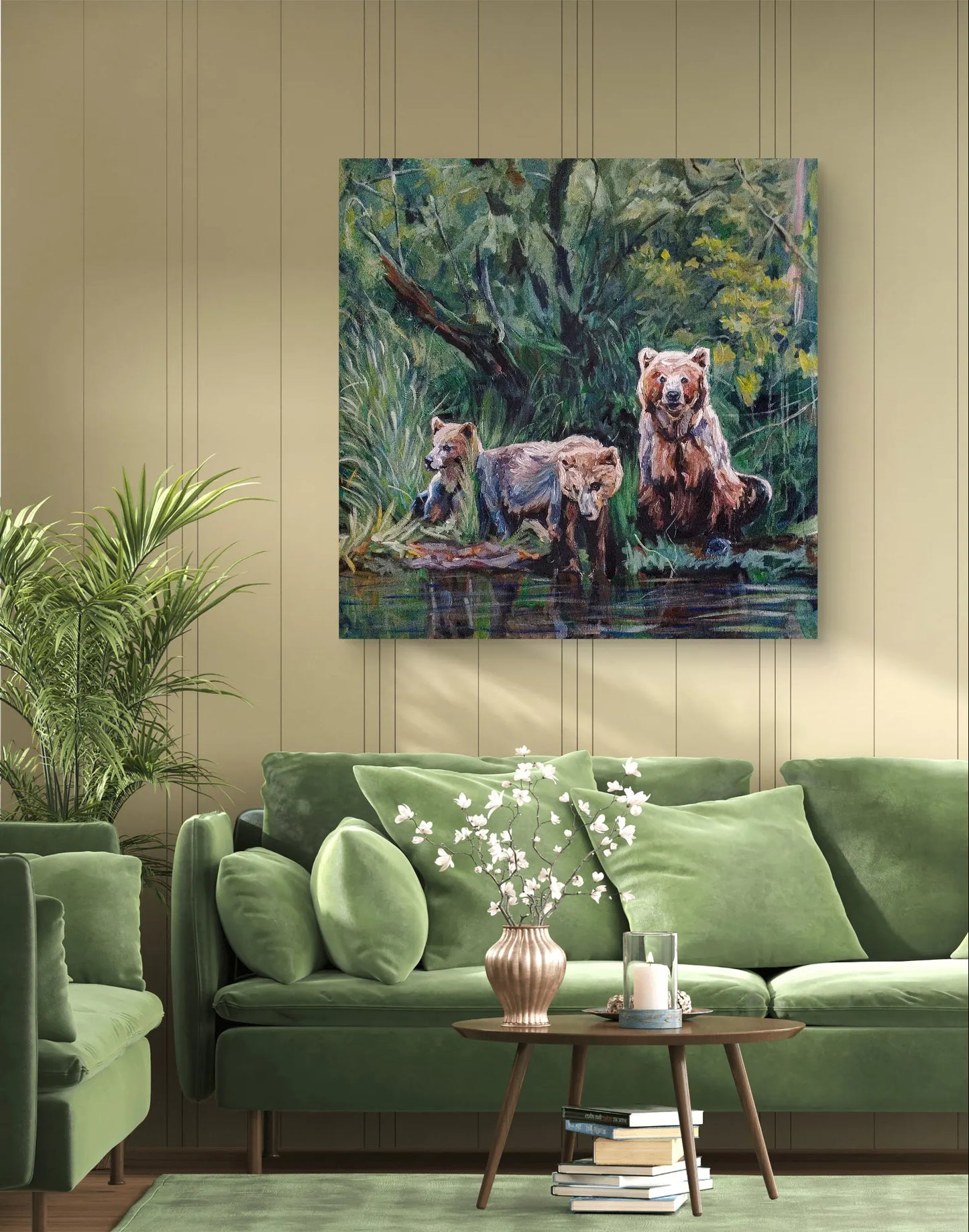 Painting Three Bears in the Forest – hand-painted original acrylic painting (100 x 100 cm)