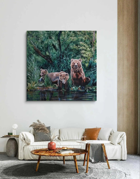 Expressiv-realistisches Gemälde Drei Bären im Wald – handgemaltes Original Acrylbild (100 x 100 cm) auf Leinwand von H1Z ART in lebendiger Atmosphäre