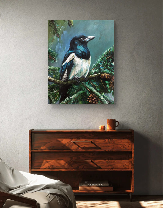 Magpie painting – hand-painted original acrylic painting (40 x 50 cm)