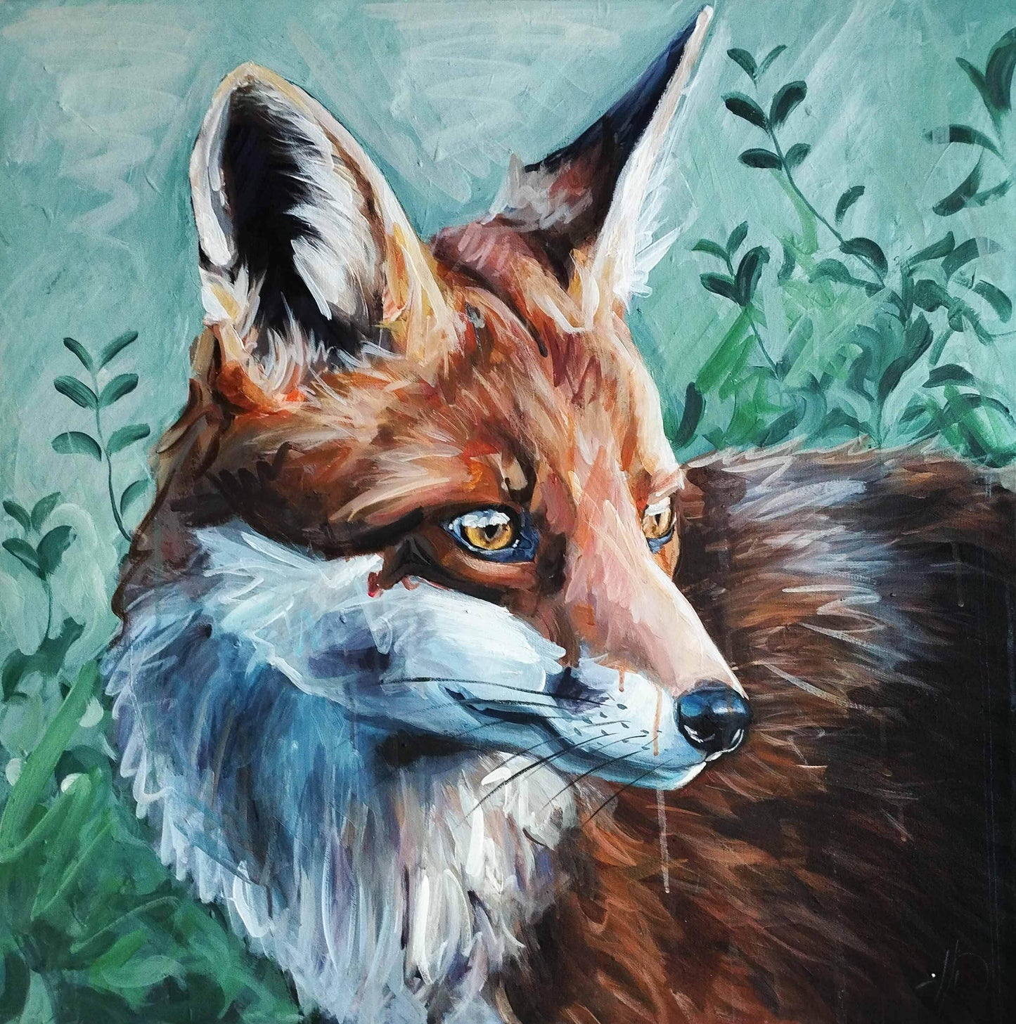 H1Z ART Acrylbild Gemälde Fuchs am Bach – handgemaltes Original Acrylbild (70 x 70 cm)