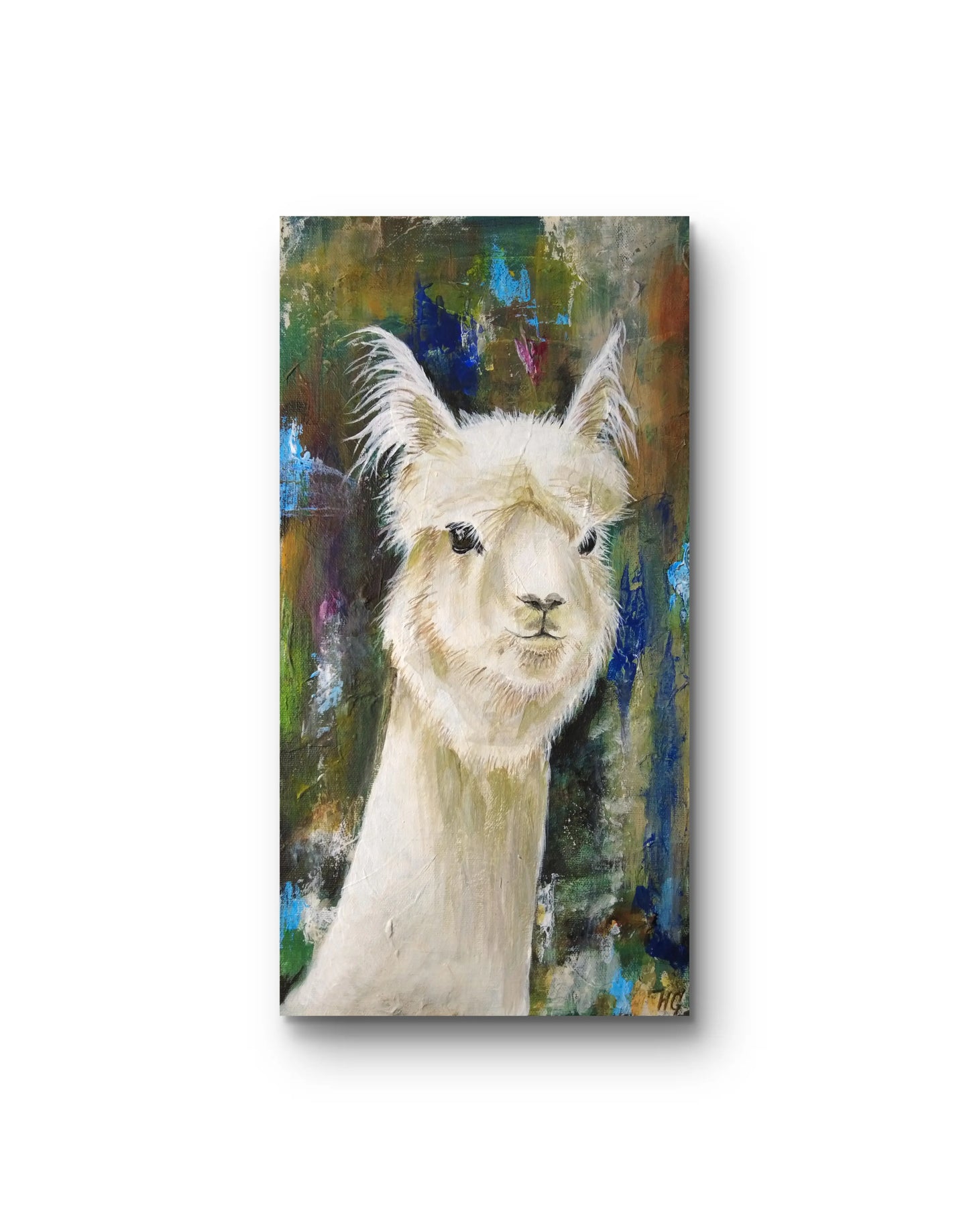 Lama Tierportrait auf Leinwand, selbstsicherer Ausdruck, Wanddeko für Schlafzimmer oder Büro