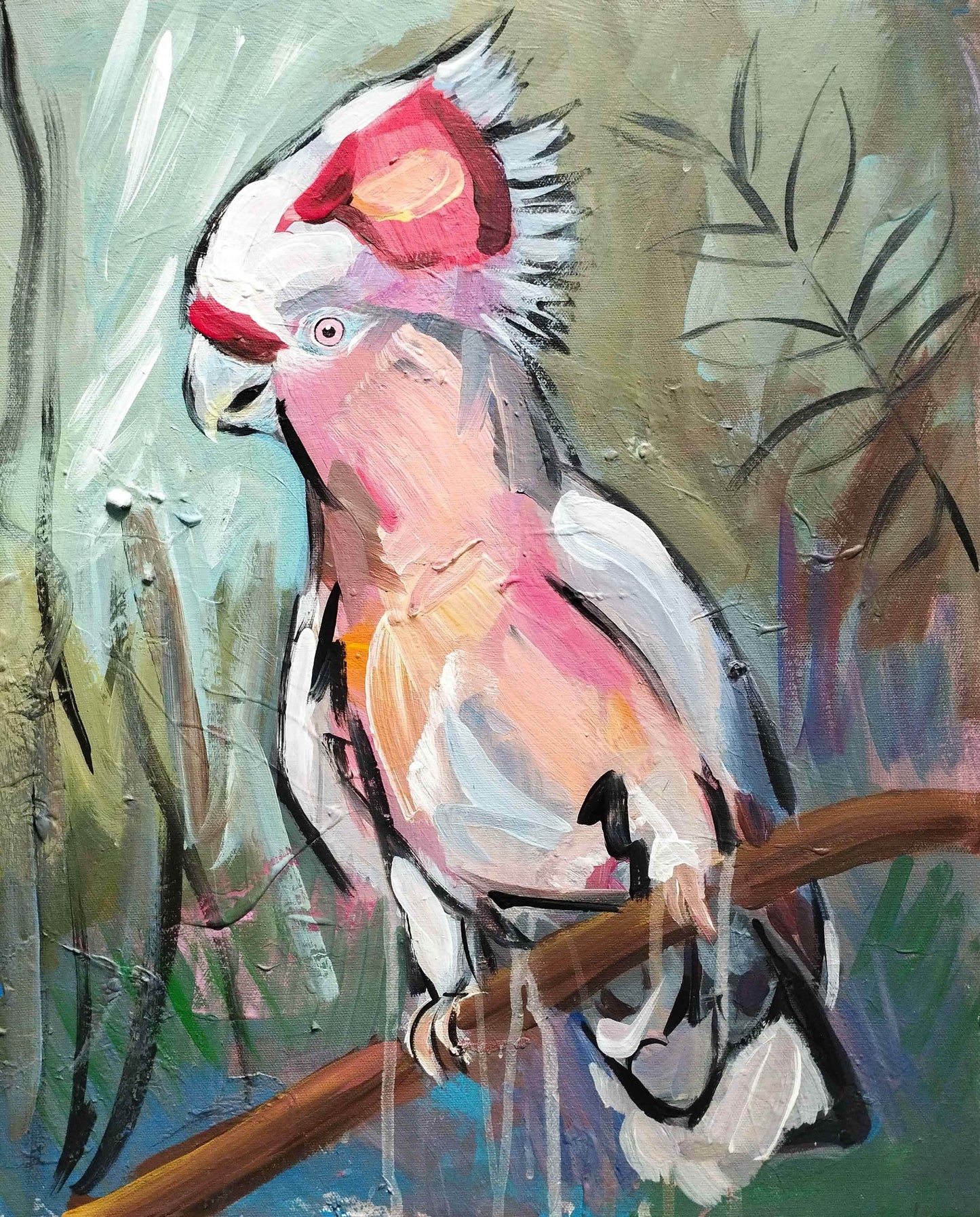 H1Z ART Acrylbild Gemälde Rosakakadu – handgemaltes Original Acrylbild (50 x 40 cm)
