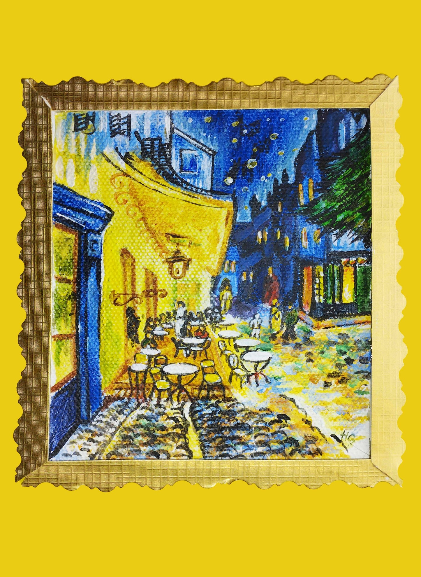 H1Z ART Acrylbild Grußkarte "Caféterrasse am Abend nach Van Gogh" – Handgemalt