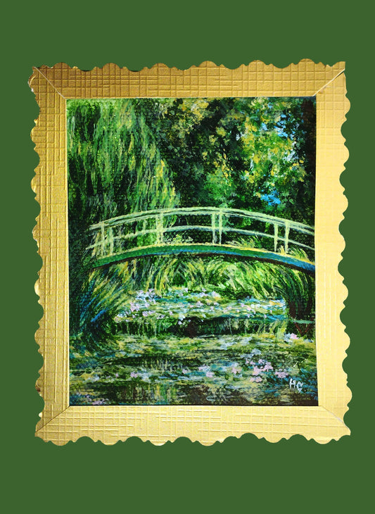 Expressiv-realistisches Grußkarte "Japanische Brücke nach Claude Monet" – Handgemalt auf Leinwand von H1Z ART in lebendiger Atmosphäre