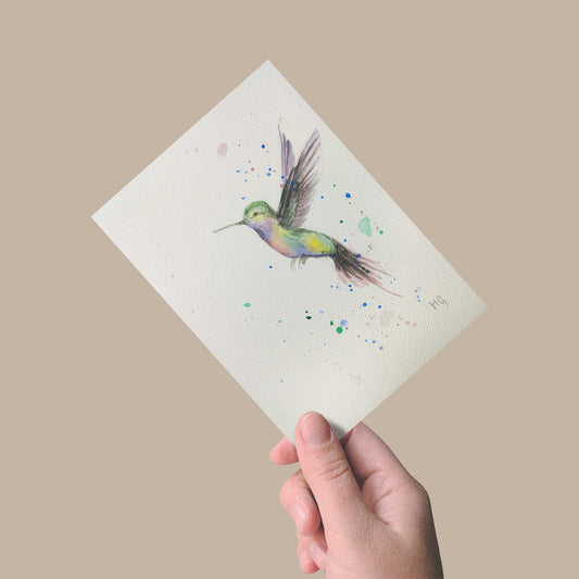 Expressiv-realistisches Postkarte – "Kolibri" – Handgemalt auf Leinwand von H1Z ART in lebendiger Atmosphäre