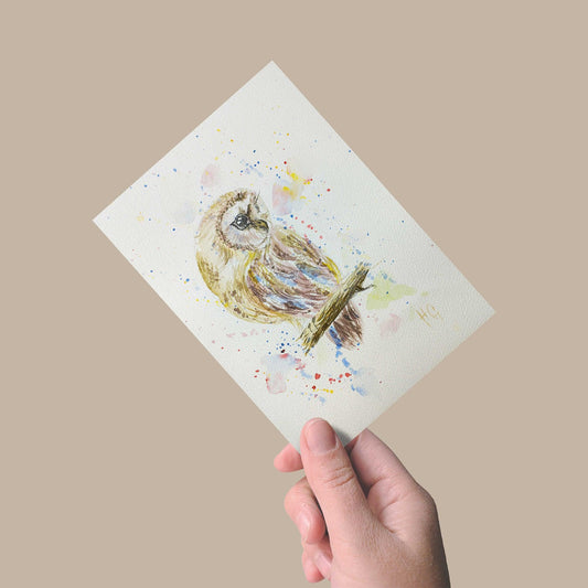 Expressiv-realistisches Postkarte „Eule“ – Handgemalt auf Leinwand von H1Z ART in lebendiger Atmosphäre