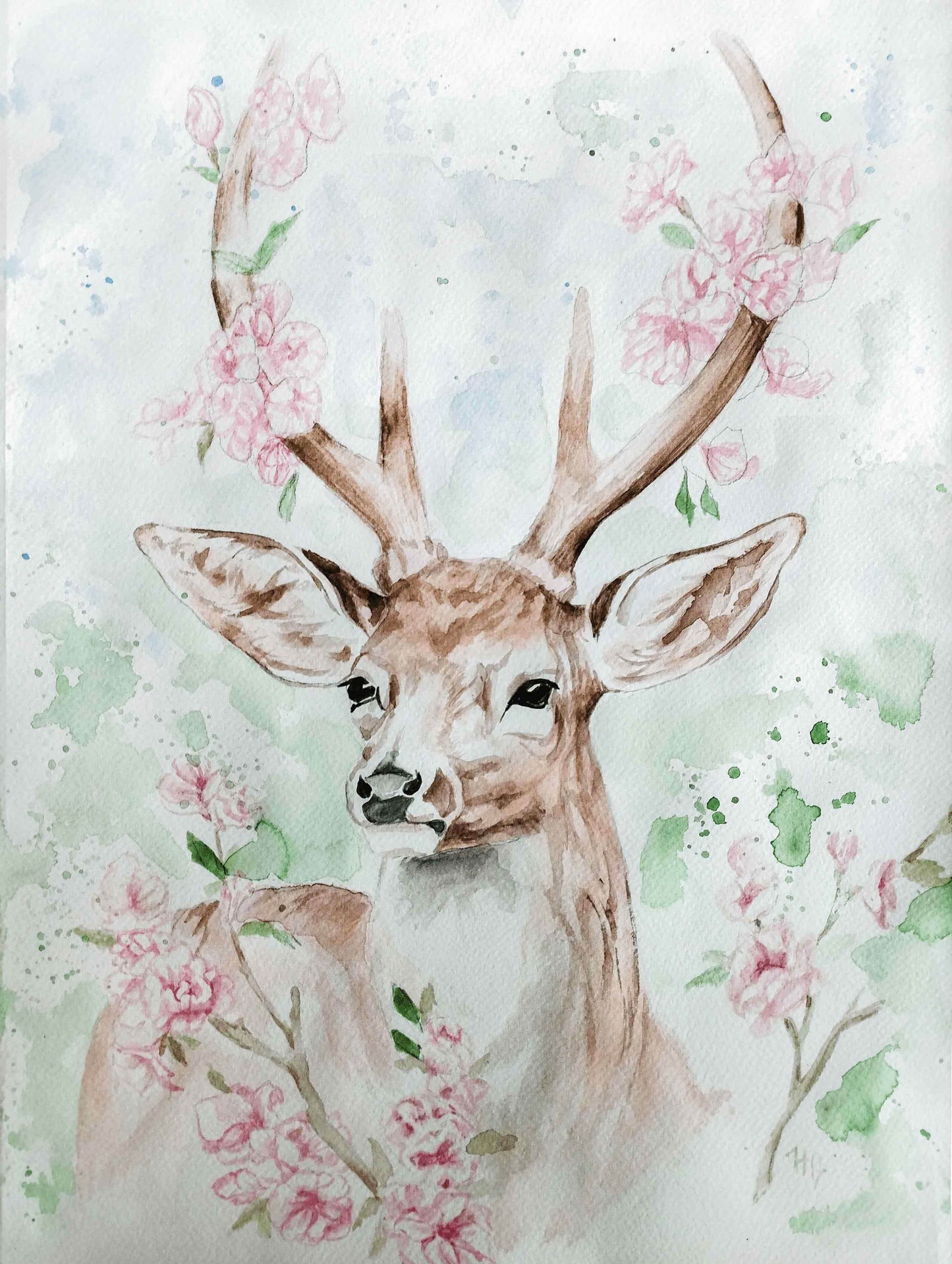 Aquarellbild Reh mit Blumen (30 × 40 cm) - H1Z Art