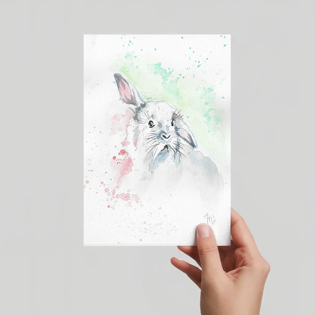 Aquarell Postkarte Kaninchen/Hase mit langen Wimpern, handgemalt, expressive Malweise.