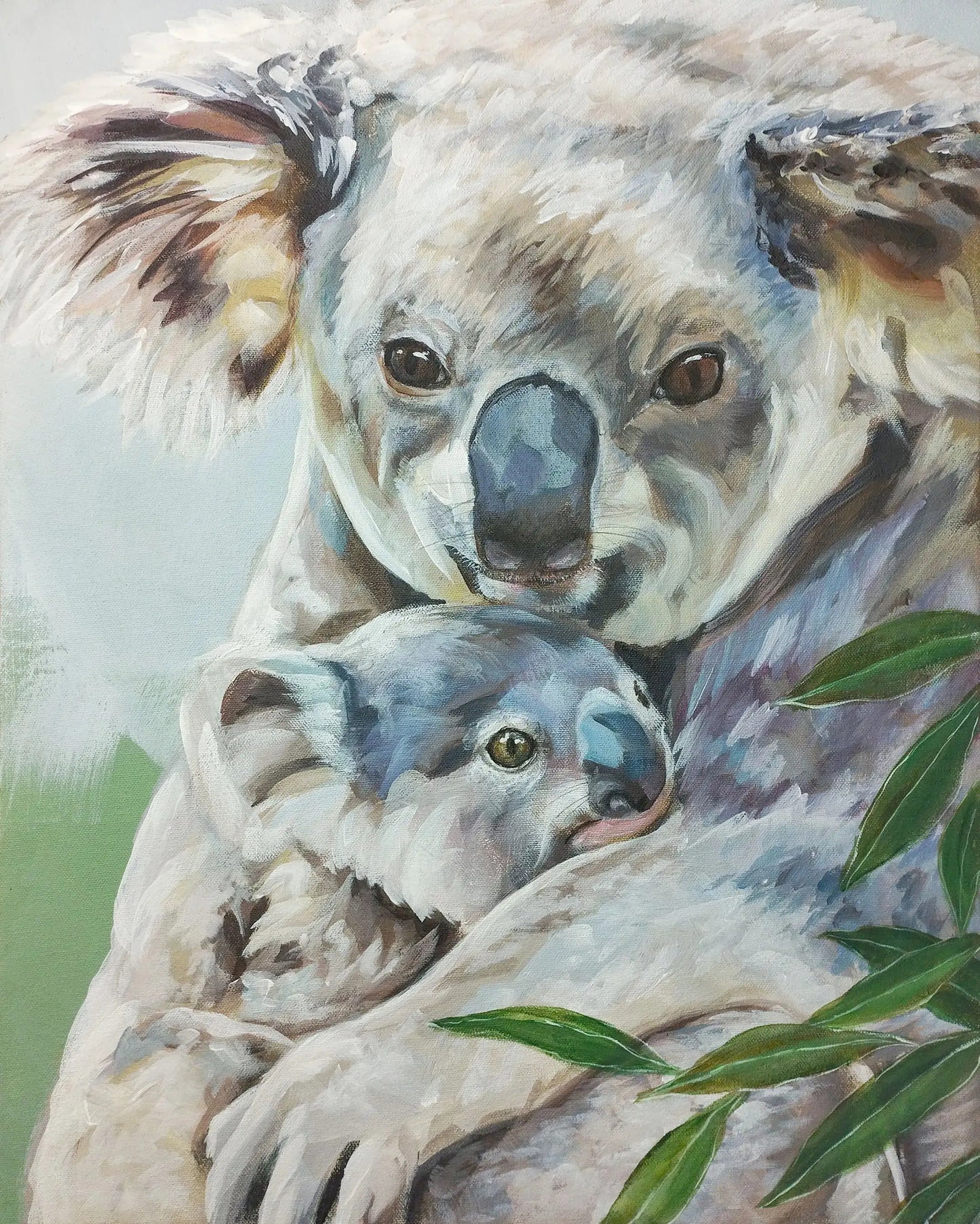 Original Acrylgemälde Koala-Paar (Mutter mit Jungtier) in pastoser Technik, sanfte Farben, emotionale Tierkunst.