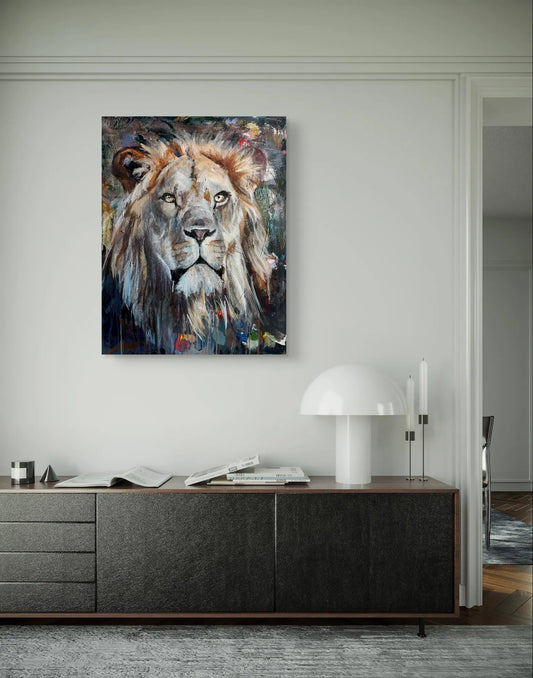 Expressiv-realistisches Gemälde Der Löwe im Sturm – handgemaltes Original Acrylbild (75 x 58 cm) auf Leinwand von H1Z ART in lebendiger Atmosphäre