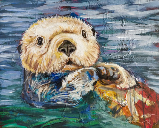Acrylgemälde Seeotter schwimmend mit ausdrucksstarkem Gesicht und pastosen, leuchtenden Pinselstrichen auf Leinwand.