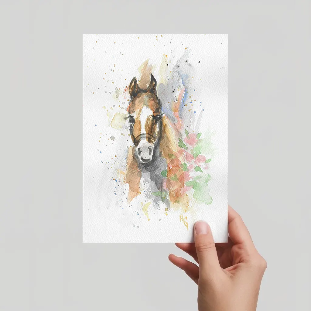 Aquarell Postkarte Pferdeporträt mit Rosen, handgemalt, expressive Malweise.