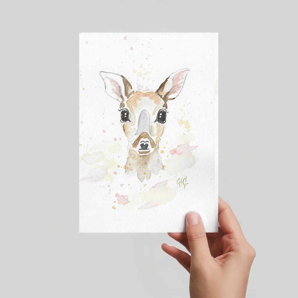 Aquarell Postkarte Reh/Rehkitz Porträt, handgemalt, expressive Malweise mit zarten Farbakzenten.