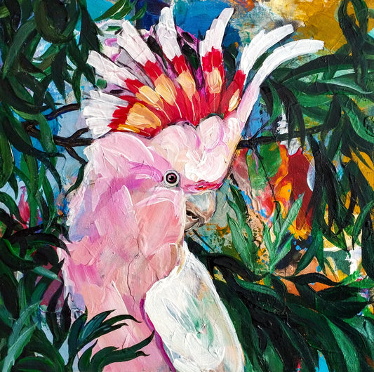 H1Z ART Acrylbild Gemälde Versteckter Rosakakadu – handgemaltes Original Acrylbild (40 x 40 cm)