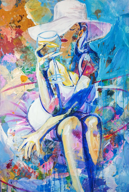 Acrylgemälde "Pool Day Rebellion": Frau mit Sommerhut und Weinglas in leuchtender, expressiver, abstrakter Malweise.