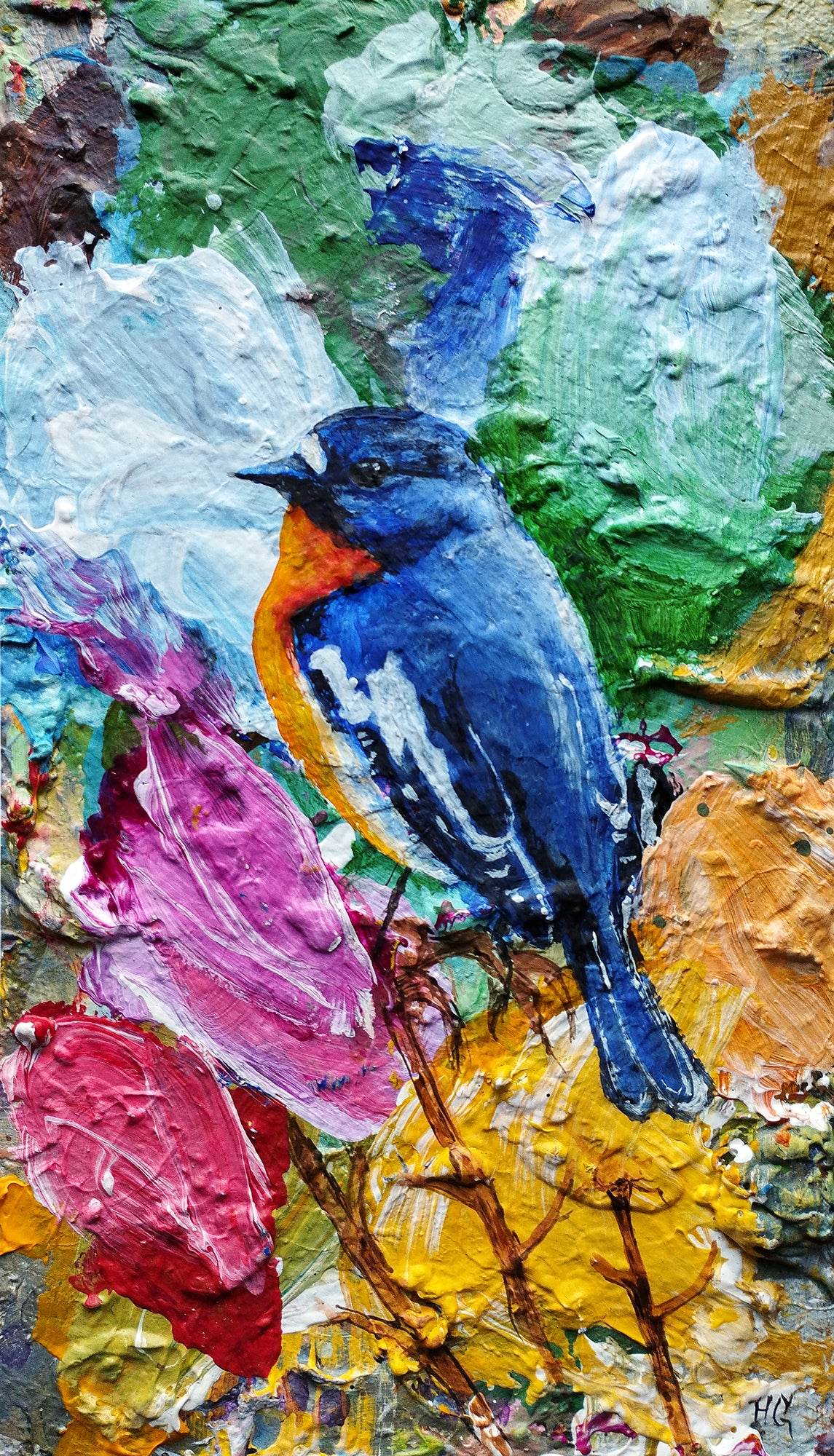Gemälde Blauen Kehlsänger – handgemaltes Original Acrylbild (16 x 28 cm) - H1Z Art