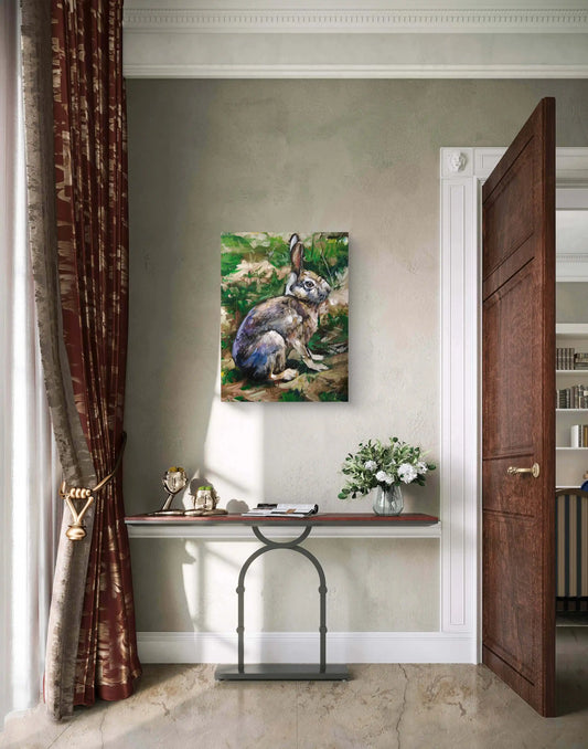 Handgemaltes Hase Acrylbild auf Leinwand, seitlicher Blick, moderne Deko für Kommode oder Flur.