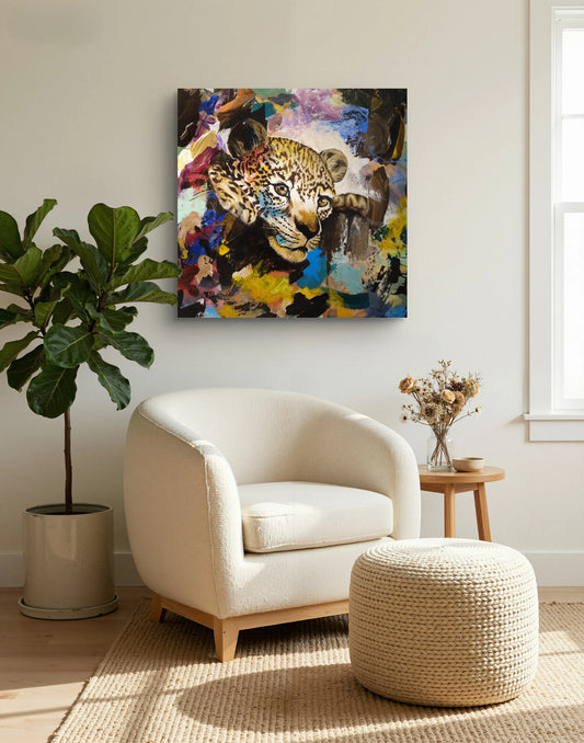 Leopard Acrylbild auf Leinwand mit explosivem Hintergrund, elegantes Tierportrait für moderne Räume.