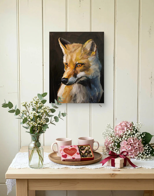 Fuchs aus dunklem Hintergrund, Acrylbild auf Leinwand, atmosphärische Wandkunst für Wohnzimmer oder Büro.