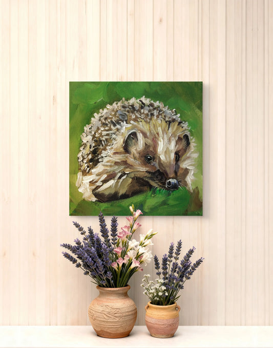 Neugieriger Igel Acrylbild auf Leinwand, handgemalte Tierkunst als charmante Deko für Kommode oder Büro.