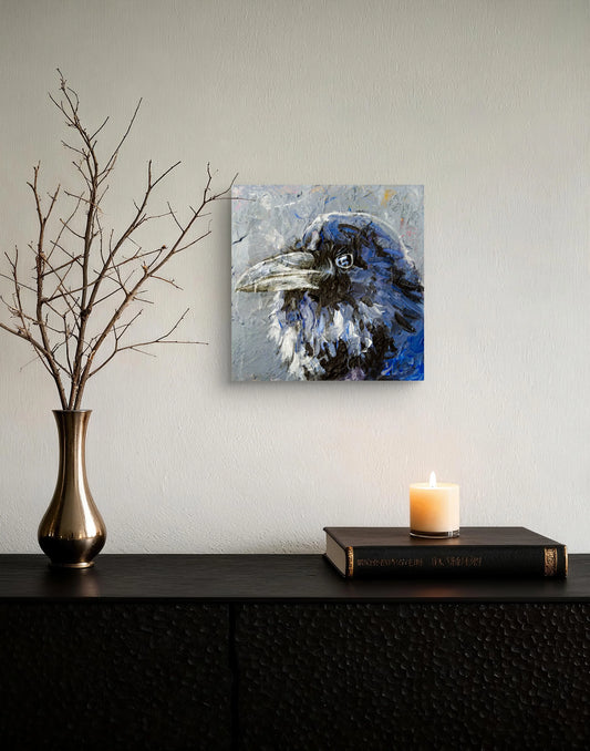 Dunkle Krähe Acrylbild auf Leinwand, handgemalte Vogelkunst mit Blautönen für Flur oder Arbeitszimmer.