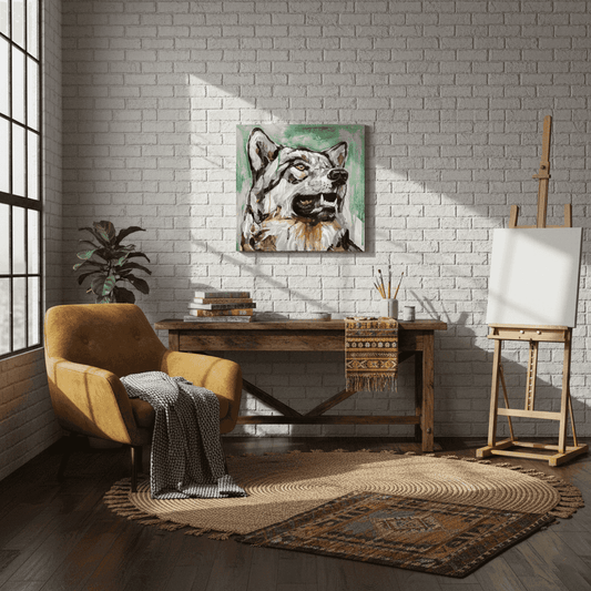 Acrylbild Wolf lächelt über rustikalem Holztisch im Atelier vor weißer Backsteinwand.