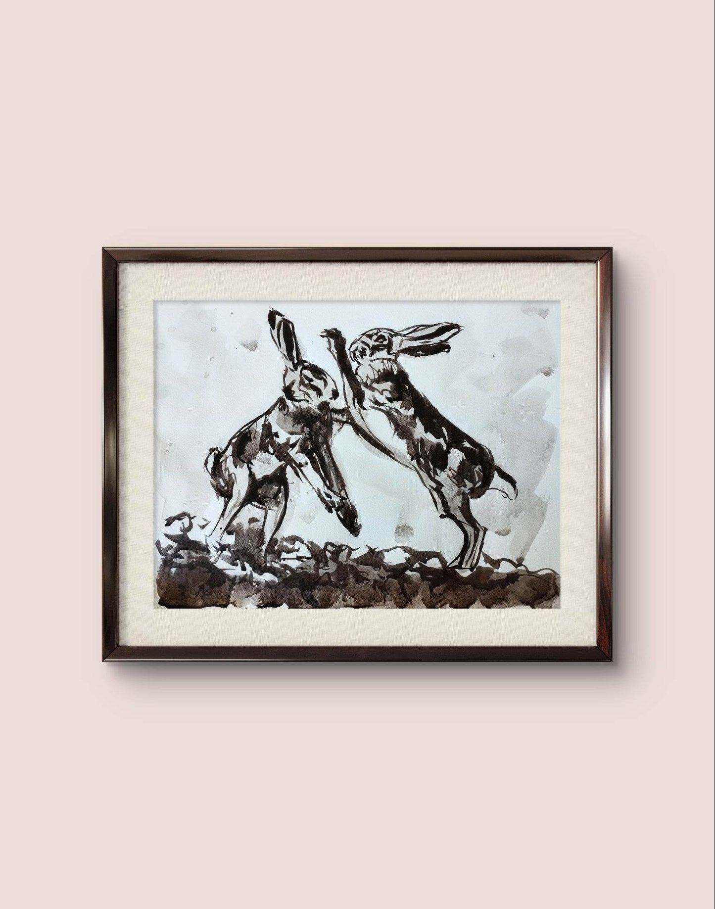 Aquarellbild „Hasen im Streit“ – Handgemaltes Tiermotiv (30 × 40 cm)