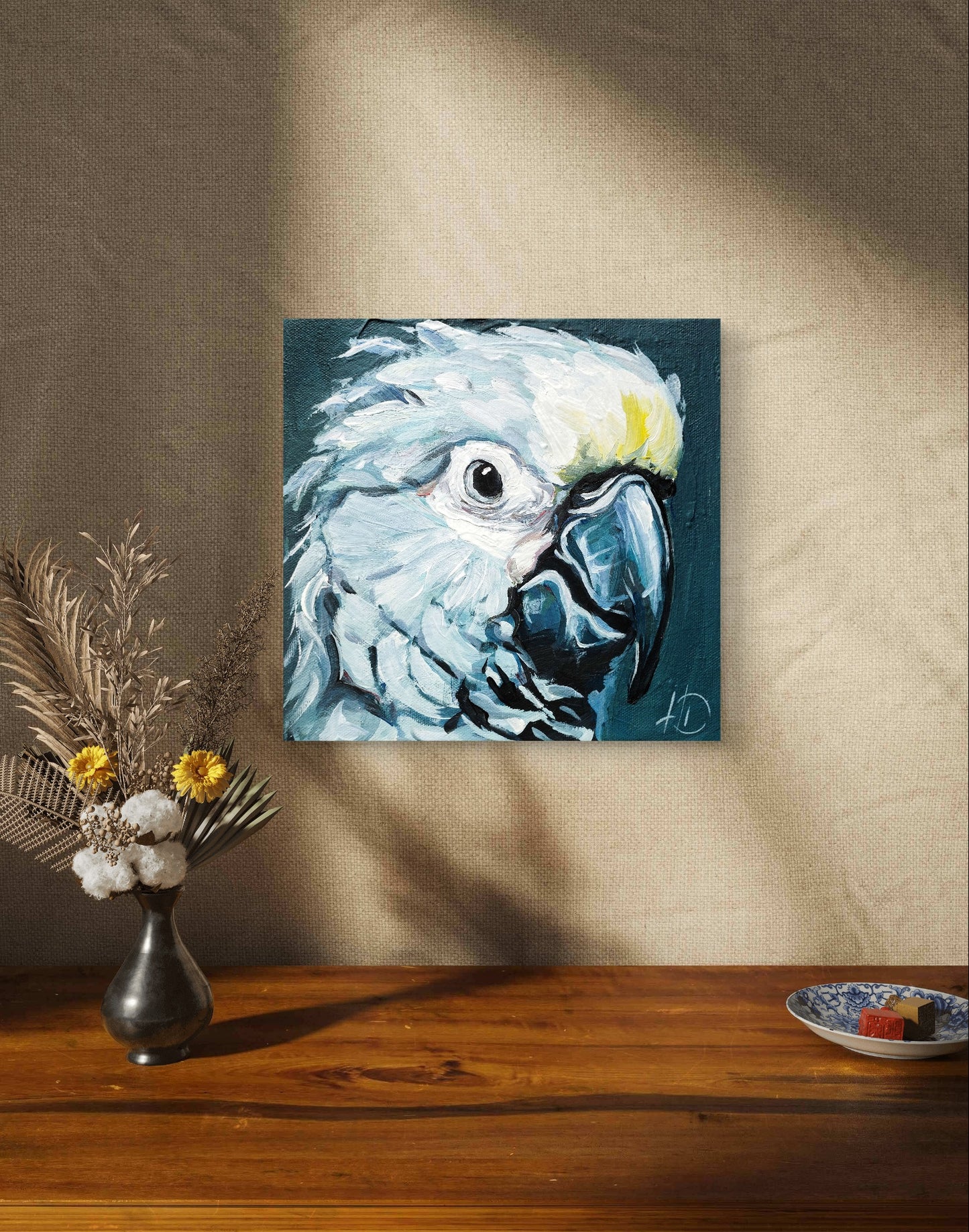 Gemälde "Papagei in Blau" 20 x 20 cm - Heinz