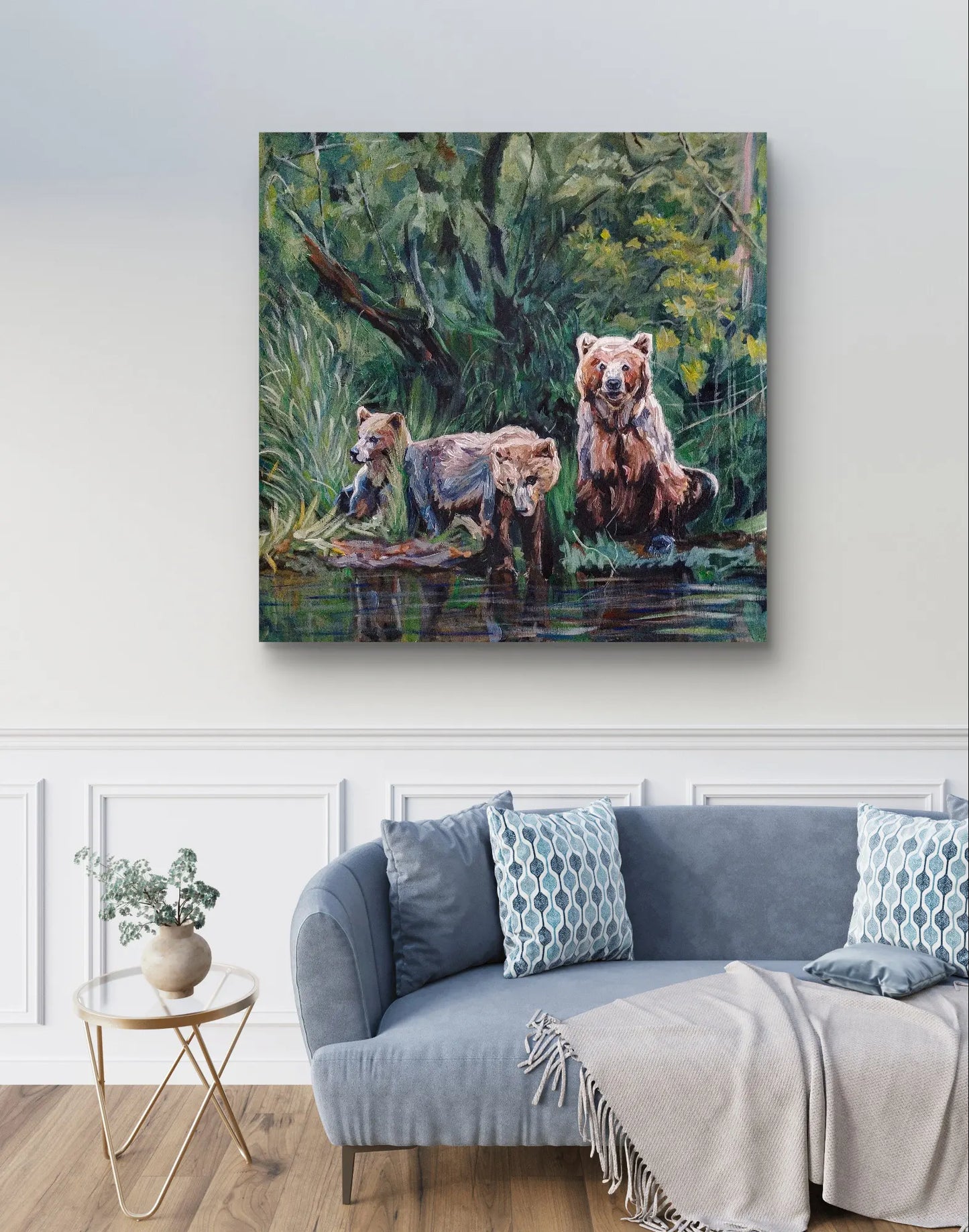 Painting Three Bears in the Forest – hand-painted original acrylic painting (100 x 100 cm)