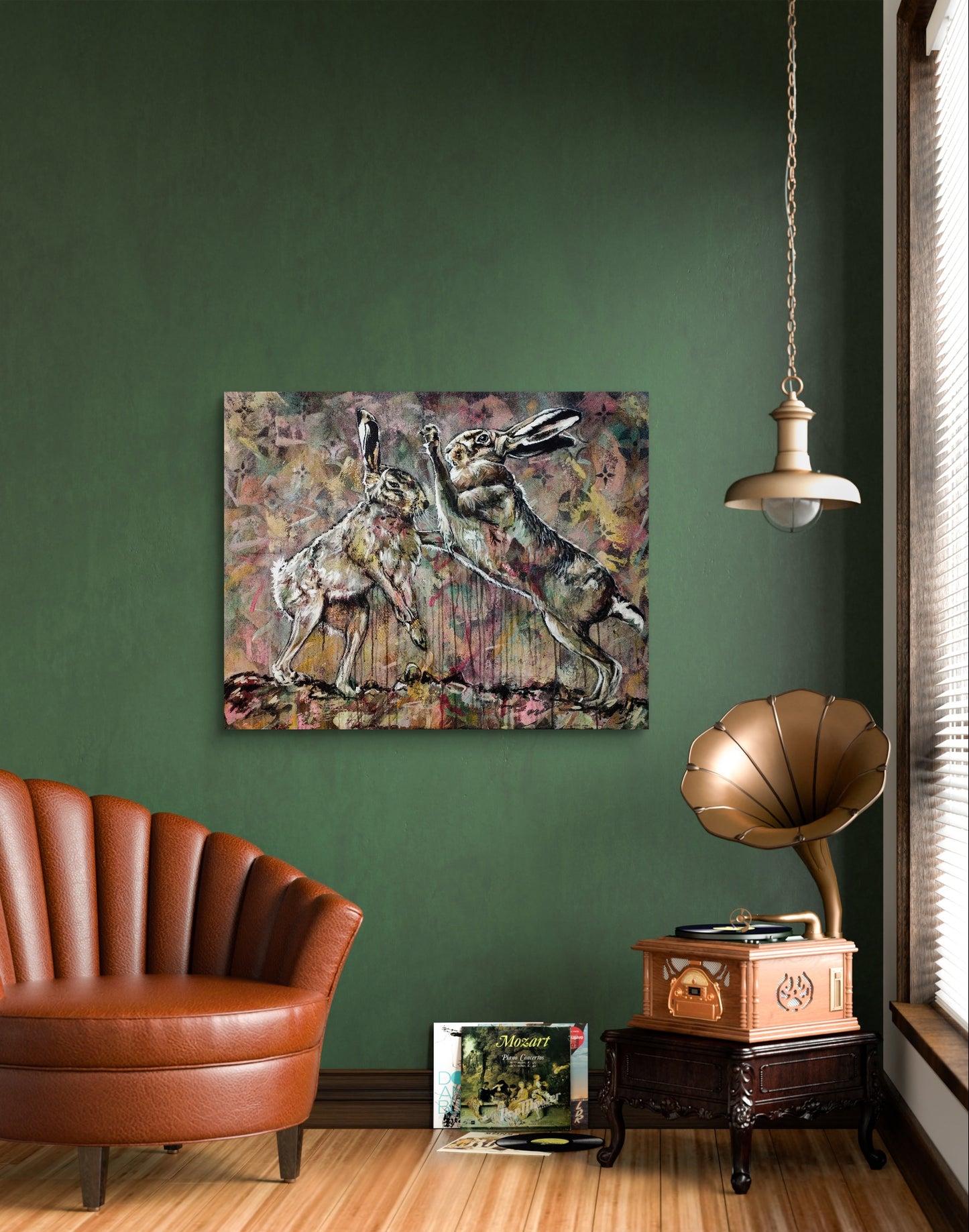 Heinz Acrylbild Acrylgemälde auf Leinwand - "Hasenkampf im Frühlicht" 100 x 80 cm