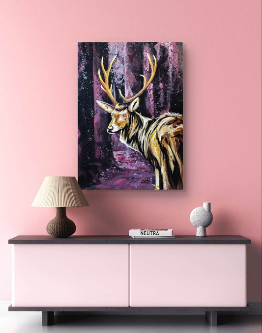 Expressiv-realistisches Gemälde Goldener Reh – handgemaltes Original Acrylbild (50 x 70 cm) auf Leinwand von H1Z ART in lebendiger Atmosphäre