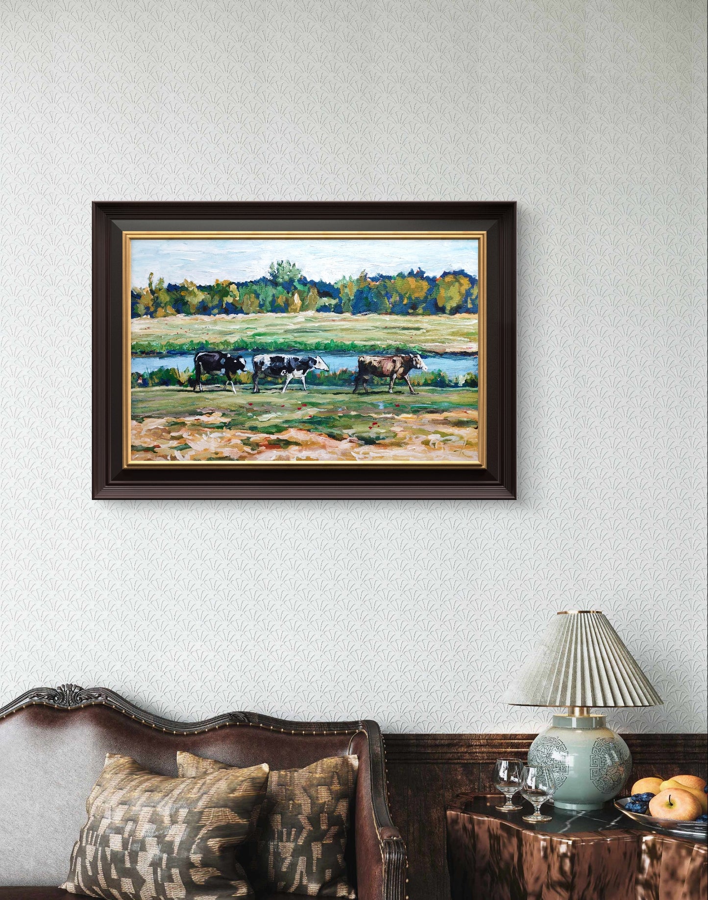 Heinz Acrylbild Acrylgemälde auf Leinwand - „Am Fluss der Kühe – Ein Sommertag“ 95 x 60 cm