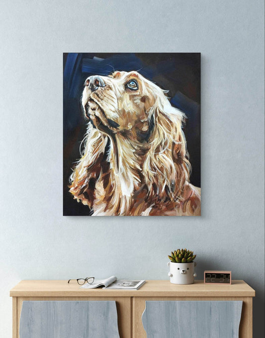 Expressiv-realistisches Gemälde Cocker Spaniel – handgemaltes Original Acrylbild (50 x 60 cm) auf Leinwand von H1Z ART in lebendiger Atmosphäre