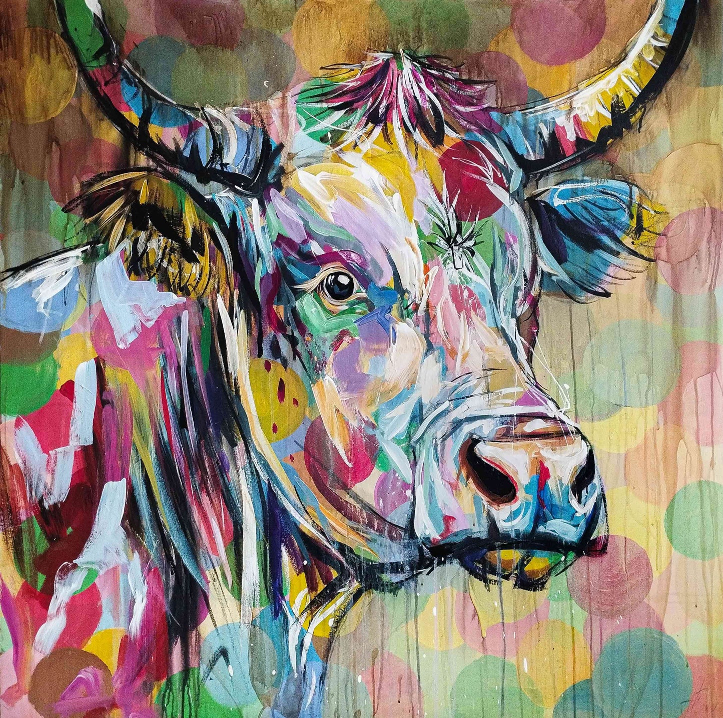 Gemälde bunte Kuh – handgemaltes Original Acrylbild (120 x 120 cm)