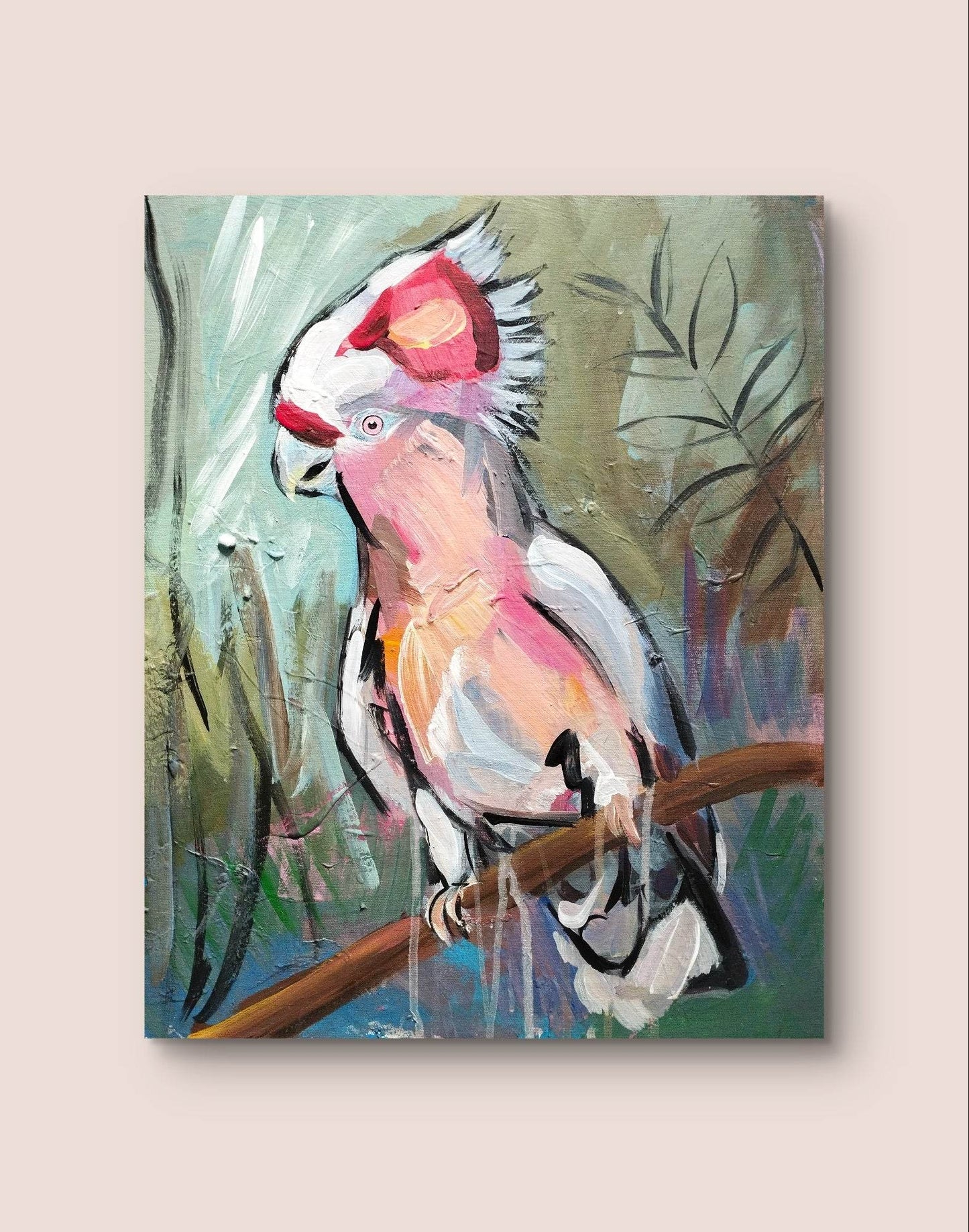 H1Z ART Acrylbild Gemälde Rosakakadu – handgemaltes Original Acrylbild (50 x 40 cm)