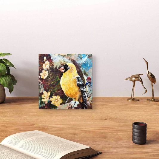 Expressiv-realistisches Gemälde Fink – handgemaltes Original Acrylbild (10 x 10 cm) auf Leinwand von H1Z ART in lebendiger Atmosphäre