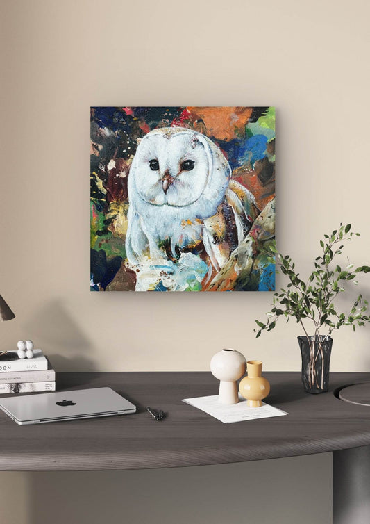 Expressiv-realistisches Gemälde Schleiereule – handgemaltes Original Acrylbild (50 x 50 cm) auf Leinwand von H1Z ART in lebendiger Atmosphäre
