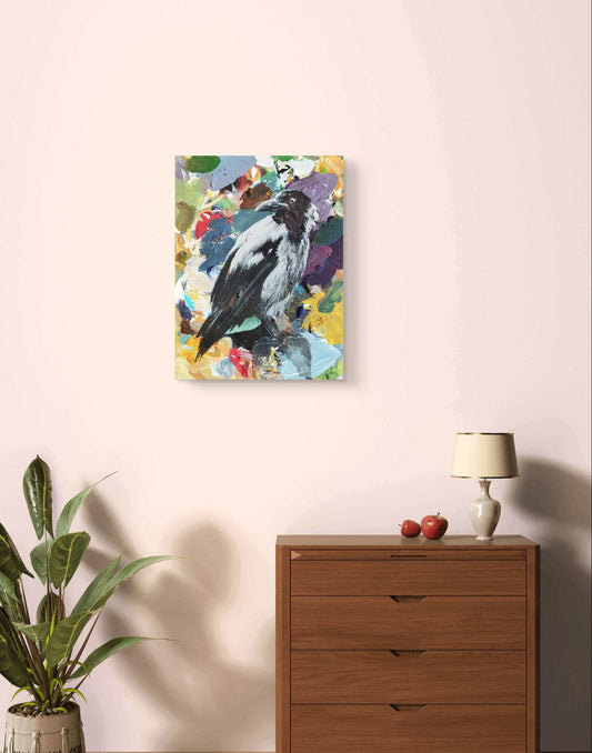 Expressiv-realistisches Gemälde Rabe über dem Wald – handgemaltes Original Acrylbild (30 x 40 cm) auf Leinwand von H1Z ART in lebendiger Atmosphäre