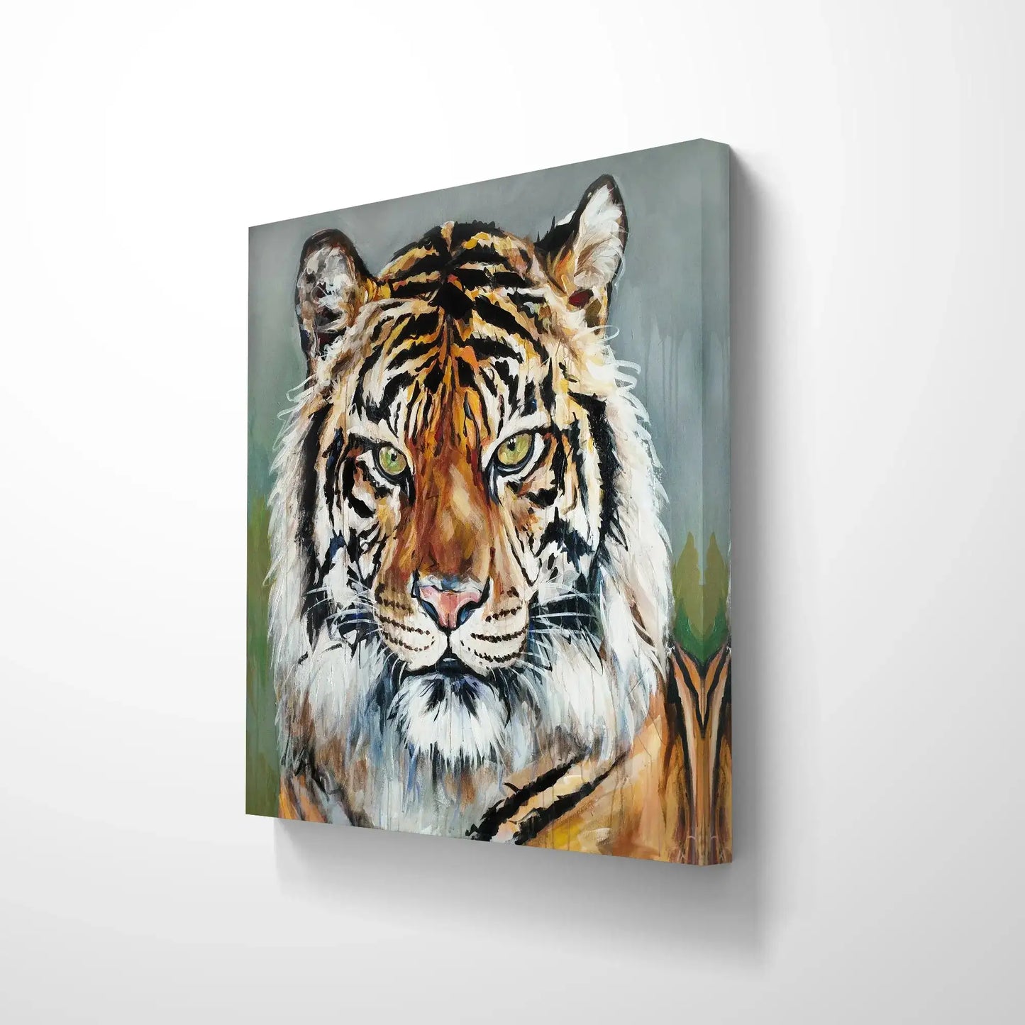 Expressiv-realistisches Gemälde Tiger – handgemaltes Original Acrylbild (120 x 120 cm) auf Leinwand von H1Z ART in lebendiger Atmosphäre