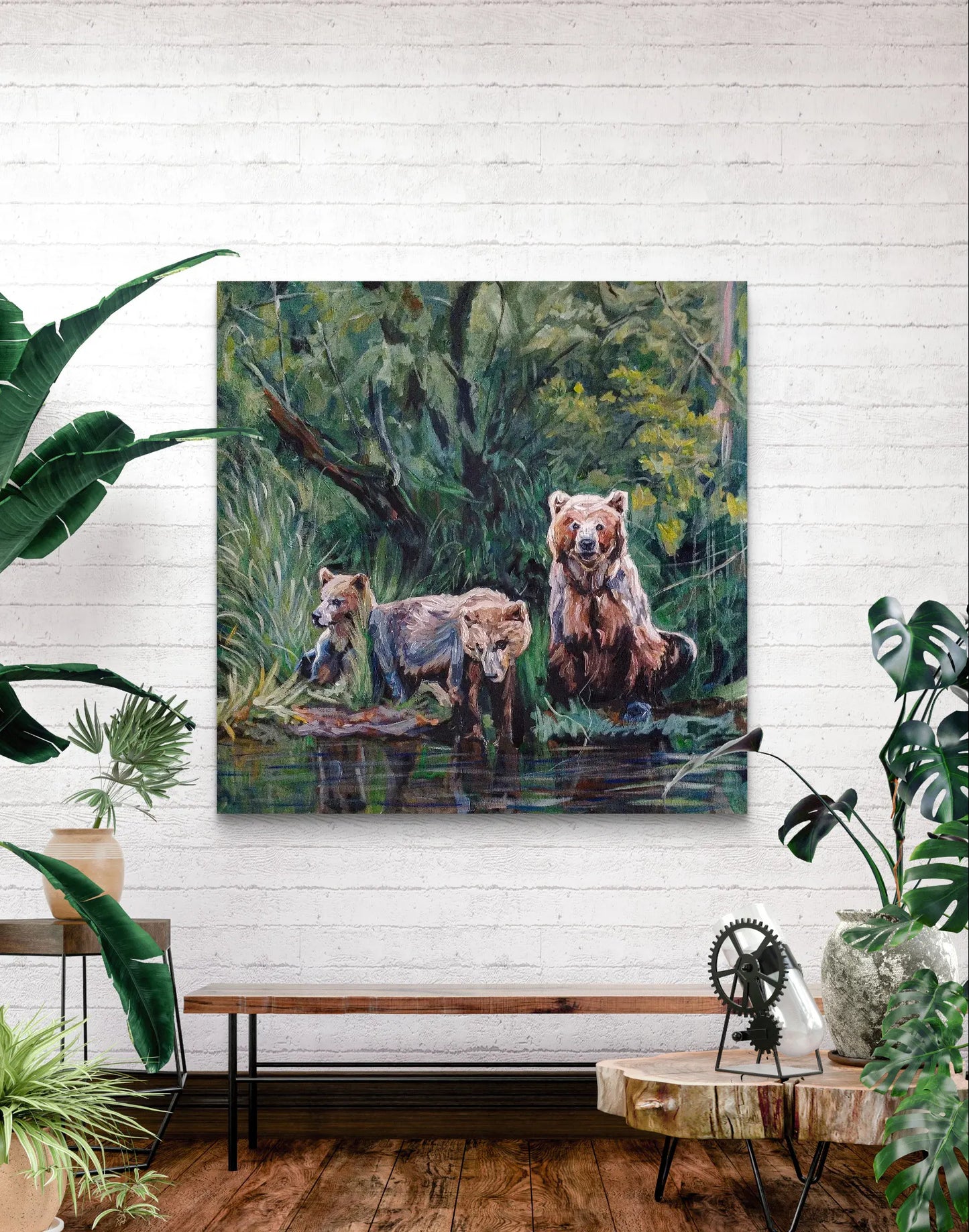 Painting Three Bears in the Forest – hand-painted original acrylic painting (100 x 100 cm)