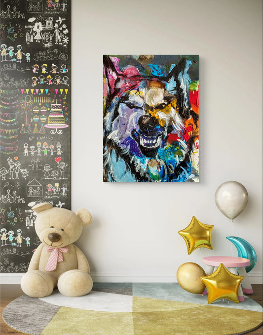 H1Z ART Acrylbild Gemälde Wolf Wilde Wut– handgemaltes Original Acrylbild (40 x 30 cm)