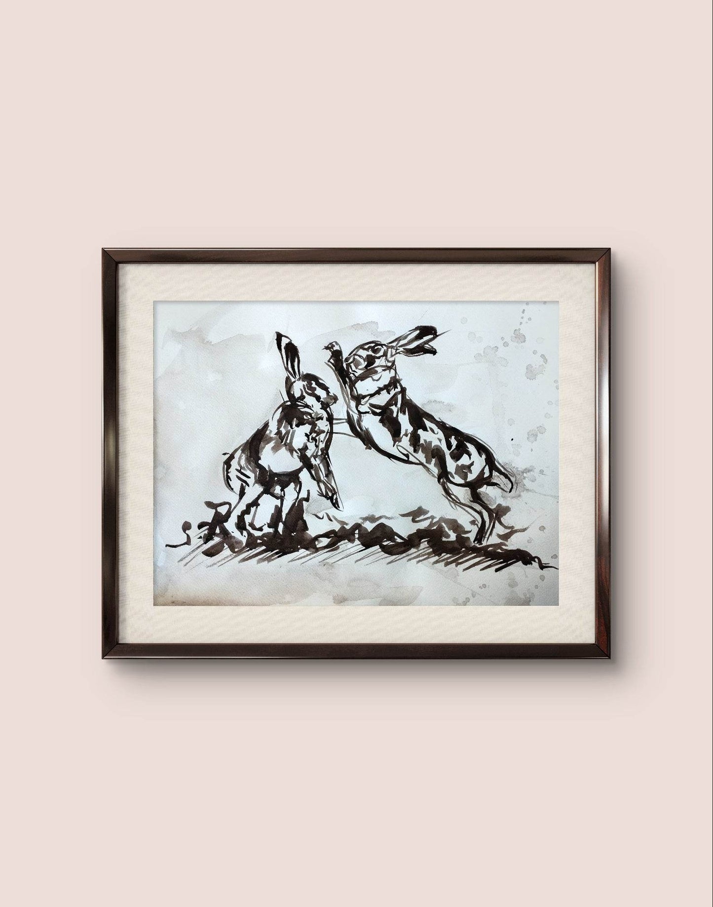 Aquarellbild „Hasen im Streit“ – Handgemaltes Tiermotiv (30 × 40 cm)