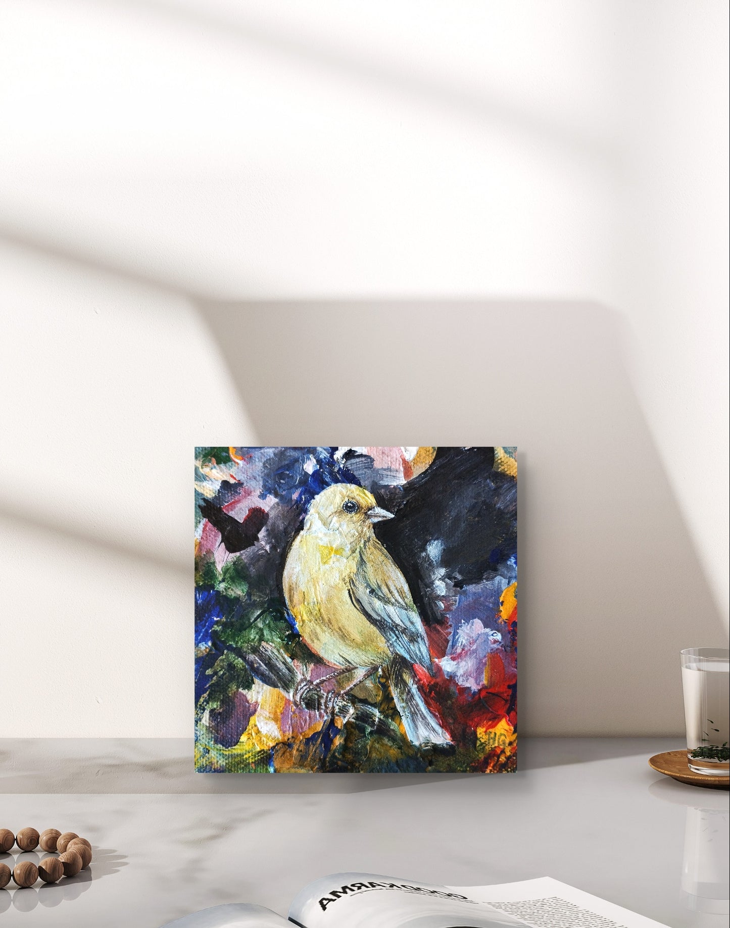 Heinz Acrylbild Acrylgemälde auf Leinwand - "Pirol" 10,5 x 10,5 cm